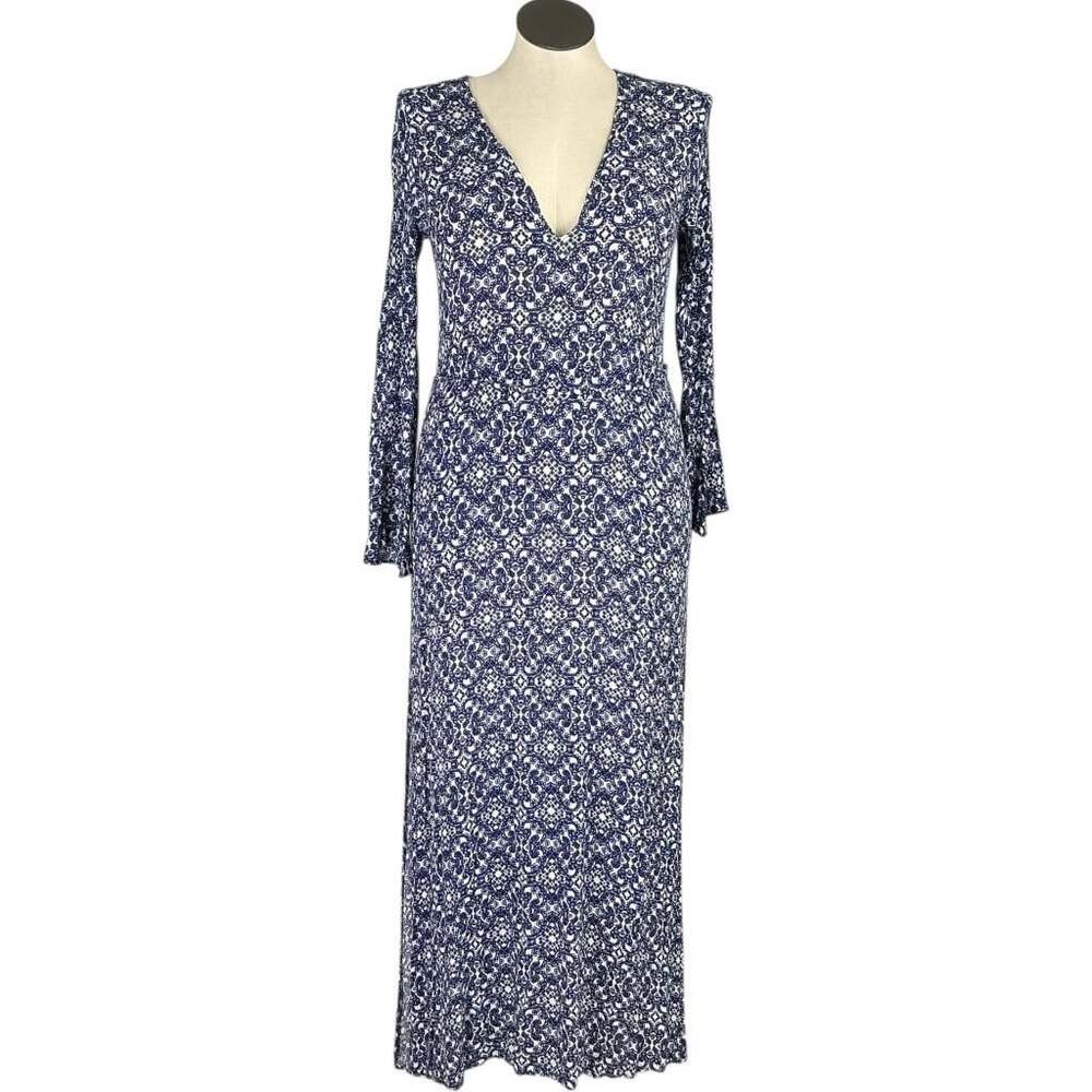 Lulus Maxi Dress Womens L Blue White Mandala Print Bohemian Boho Long Sleeve